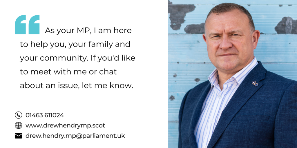 photo of drew hendry mp with text here to help