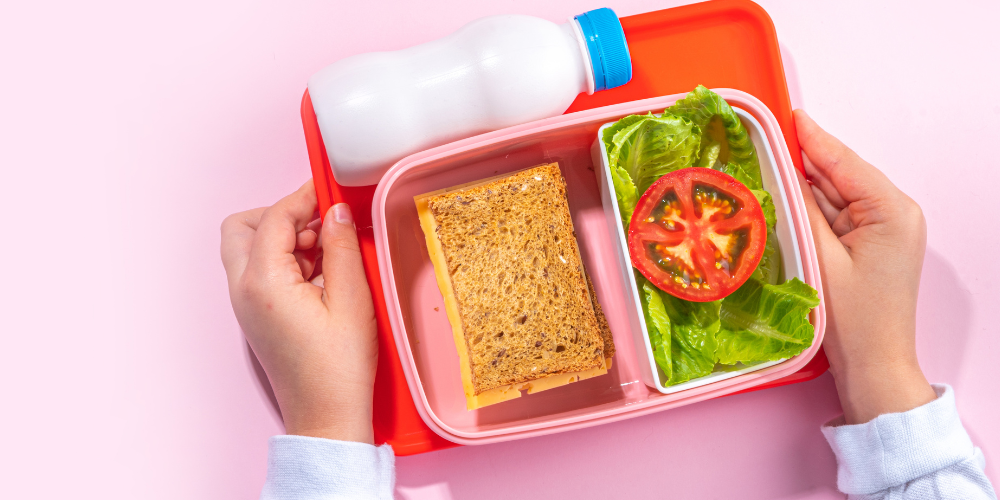 Image displaying a child's hands holding a packed lunch